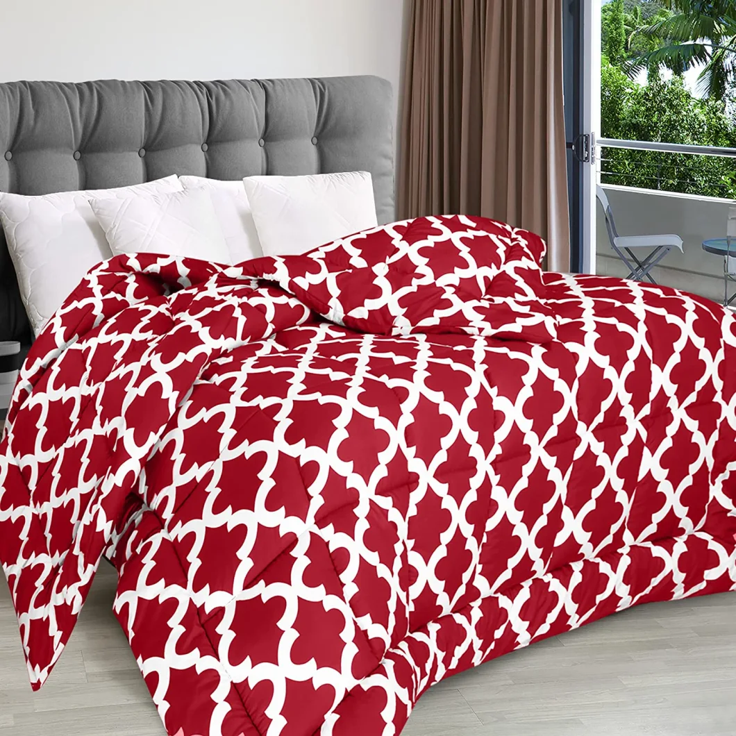 Bedding Comforter Duvet Insert - Quilted Comforter with Corner Tabs - Box Stitched Down Alternative Comforter (Queen, Quatrefoil Red)